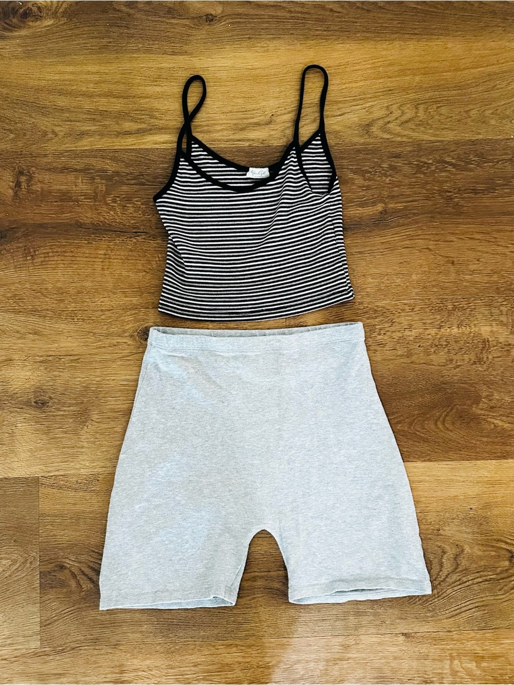 Brandy Melville Black & White Striped Crop Cami with Light Gray Biker Shorts